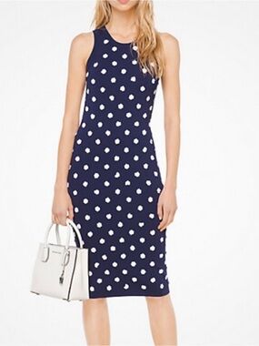 Michael Kors Navy Floral Applique Bodycon Midi Dress Sleeveless Knit Size M